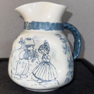 Vintage Ceramic Pitcher marked 1972-1973 with Blue Illustrations
